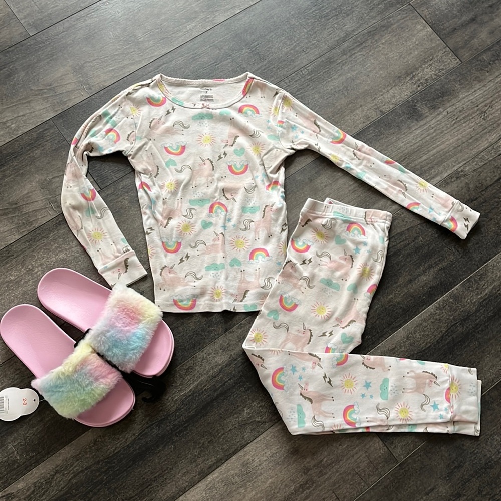 Unicorn pajamas with fuzzy slides